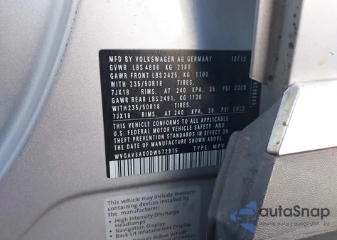 2013 Volkswagen Tiguan Se from USA, damaged, VIN WVGAV3AX0DW572915